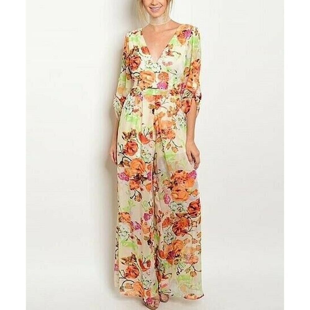 Los Angeles Boutique XTAREN Jumpsuit V-neck V-Back Boho Chiffon Boho Floral M